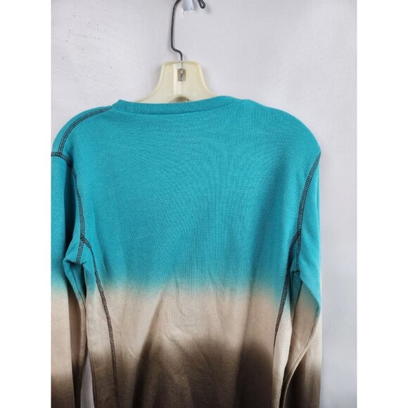 Cowgirl Tuff Co Womens Top Small Blue Brown Thermal Embroidered Cross Western - Picture 6 of 6